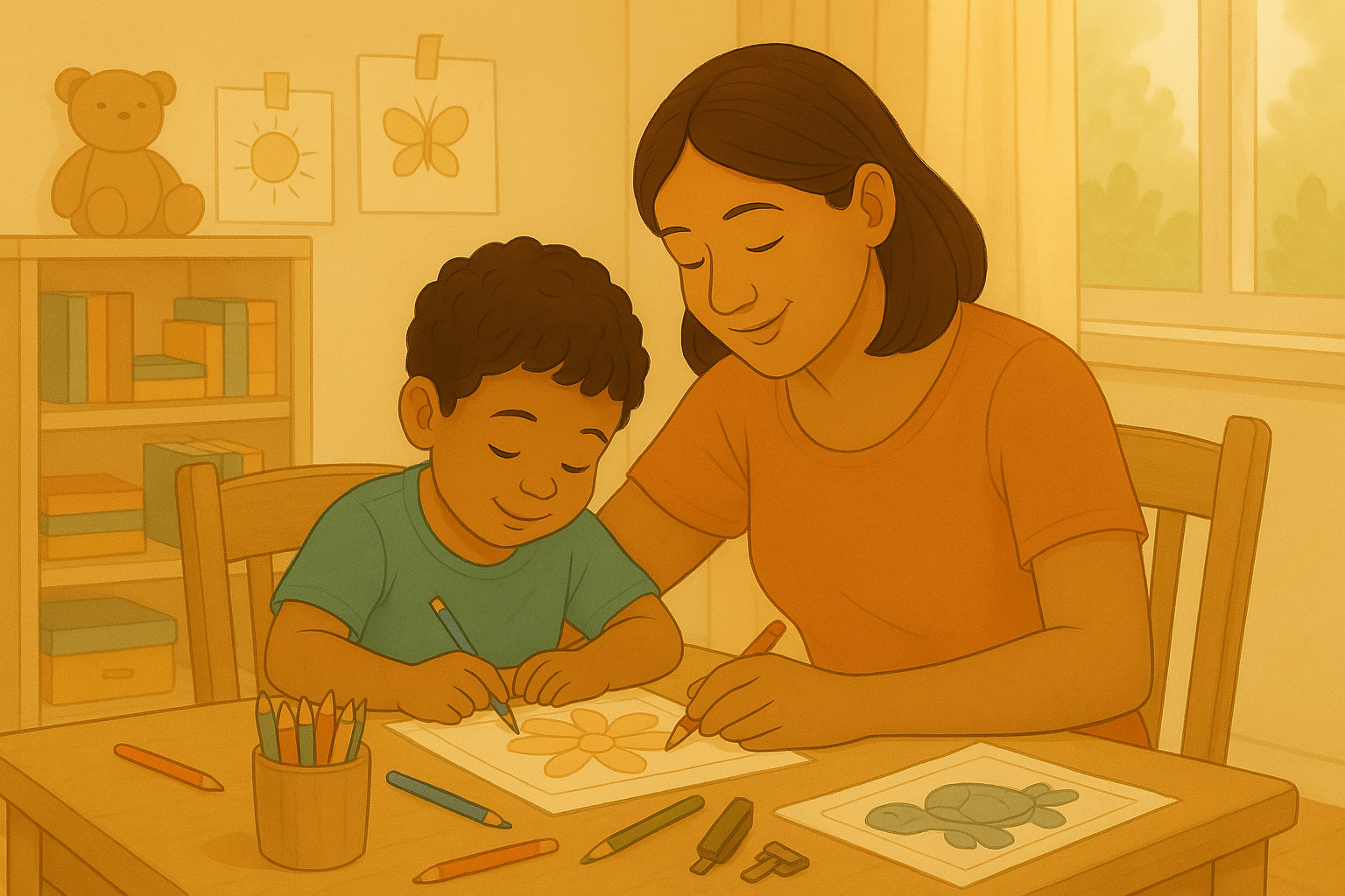 Parent and young child coloring together in a softly lit playroom, surrounded by art supplies and completed drawings.