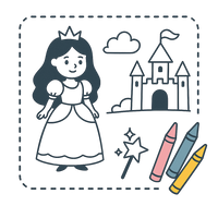Princess-themed coloring pages for kids with castles, magic & unicorns.