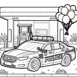 Free Cars Coloring Page – Police Car at Gas Station with Balloons | Ages 3–5 | Coloring.kids