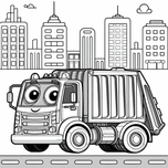 Free Cars Coloring Page – Smiling Garbage Truck in the City | Ages 3–5 | Coloring.kids