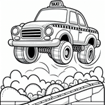 Free Cars Coloring Page – Jumping Taxi with Big Wheels | Ages 3–5 | Coloring.kids