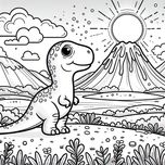 Free Dinosaur Coloring Page – Happy Dino & Volcano Landscape | Ages 3–5 | Coloring.kids