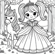 Playful Princess in the Forest with Unicorn – Free Coloring Page | Coloring.kids