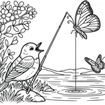 Free Coloring Page – Bird Catching Butterflies with a Fishing Pole (Ages 5–8)  Coloring.kids